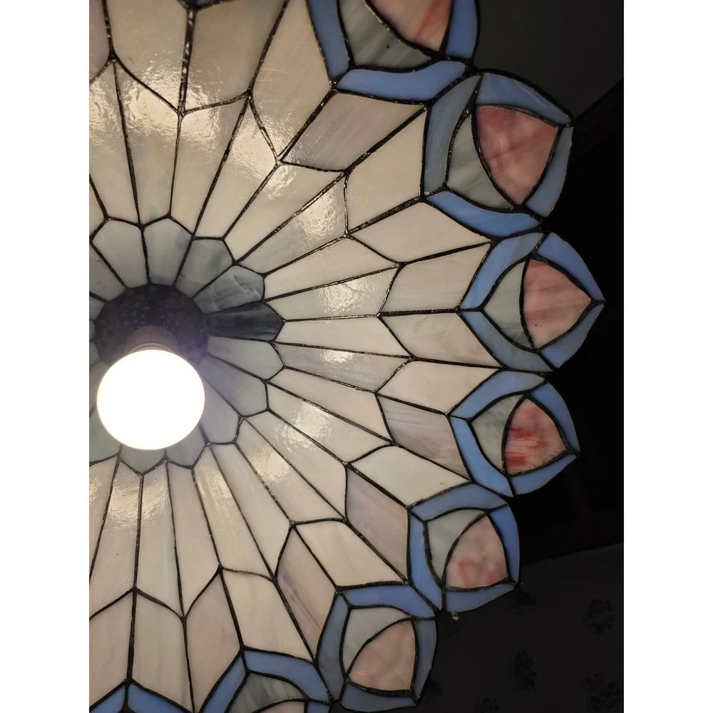 Tiffany Style Stained Glass Pendant Light Peacock Feather Slag Glass Lamp Cream